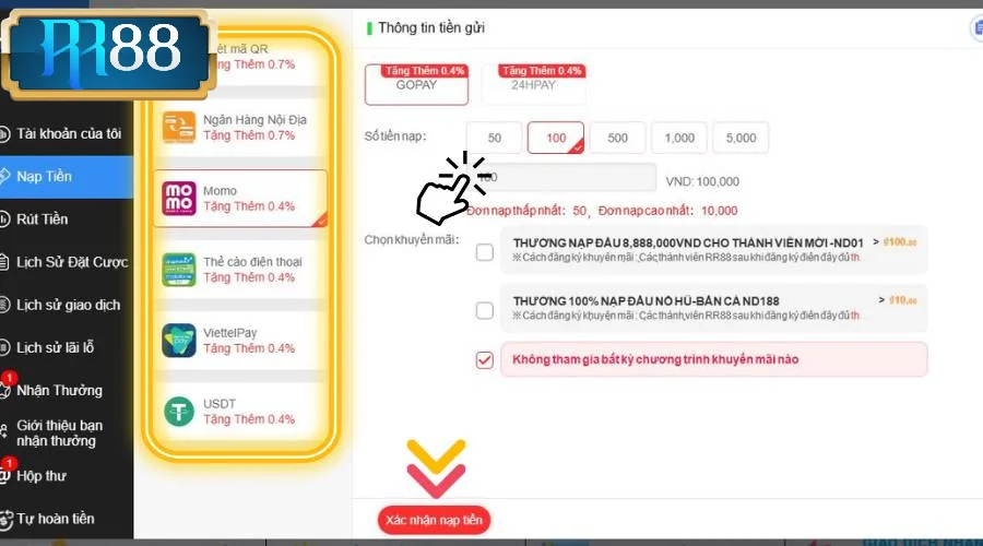 Chọn hình thức nạp tiền RR88 & điền số tiền cần nạp