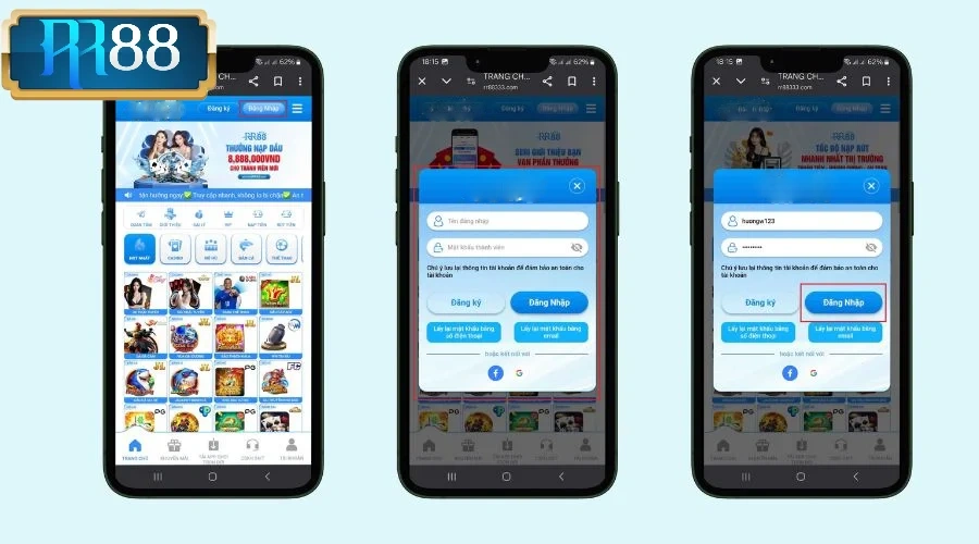 Đăng nhập RR88 qua website trên điện thoại