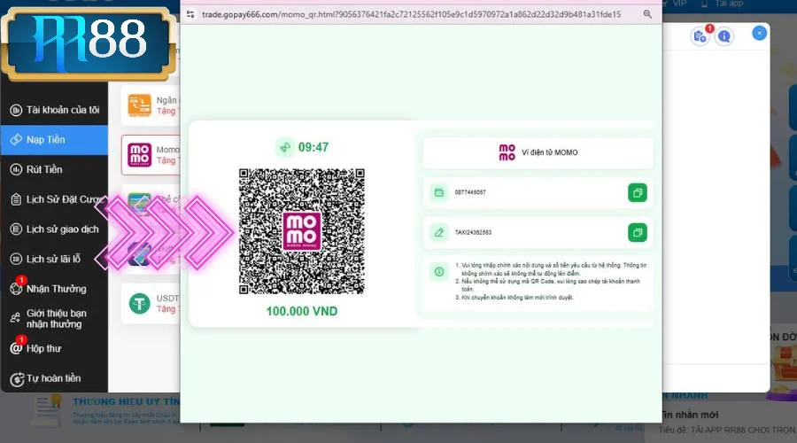 Quét mã QR hệ thống cung cấp và thực hiện giao dịch gửi tiền vào RR88